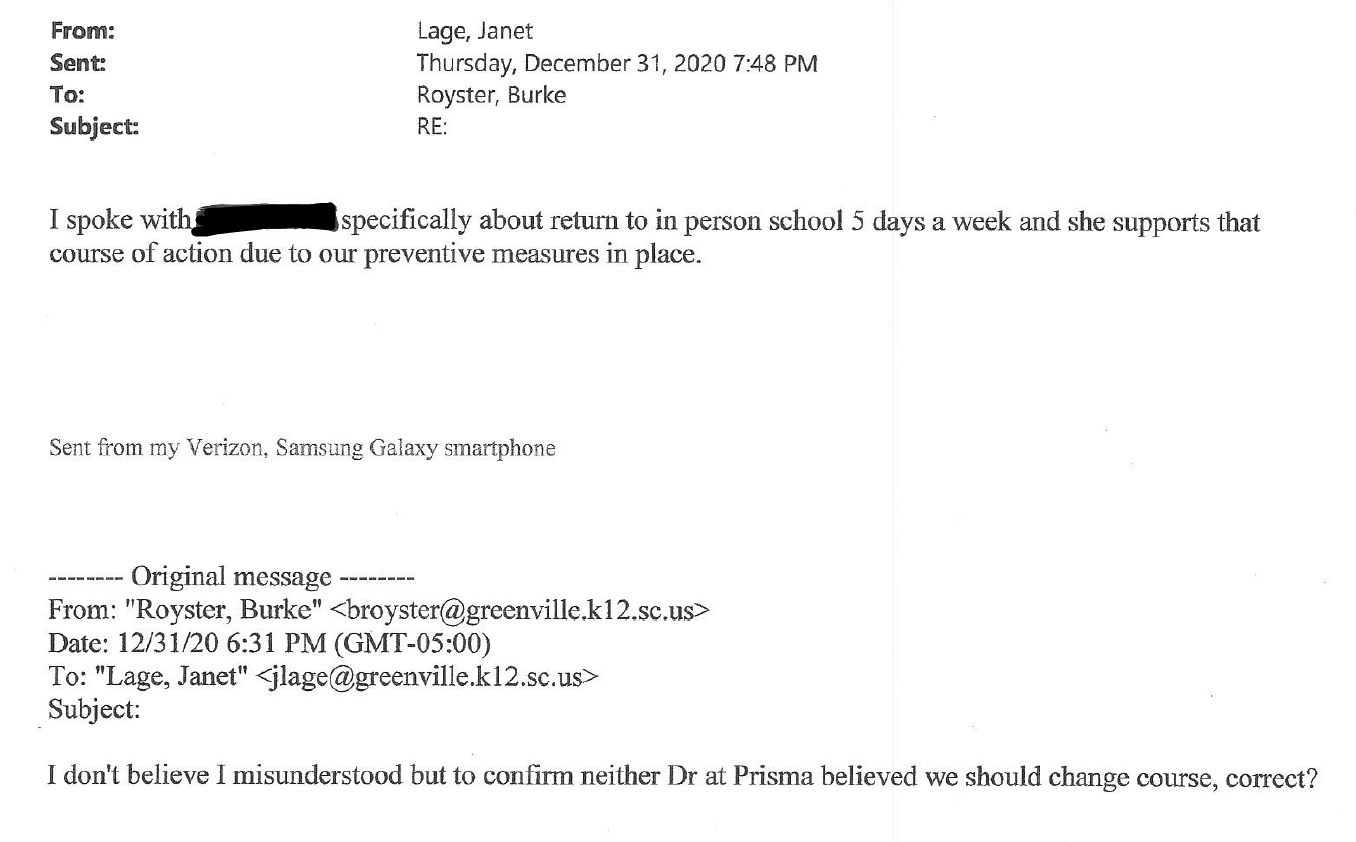 Jan. 9, 2021, Greenville County Schools FOIA response: 13th email (Janet Lage, re: Prisma support)